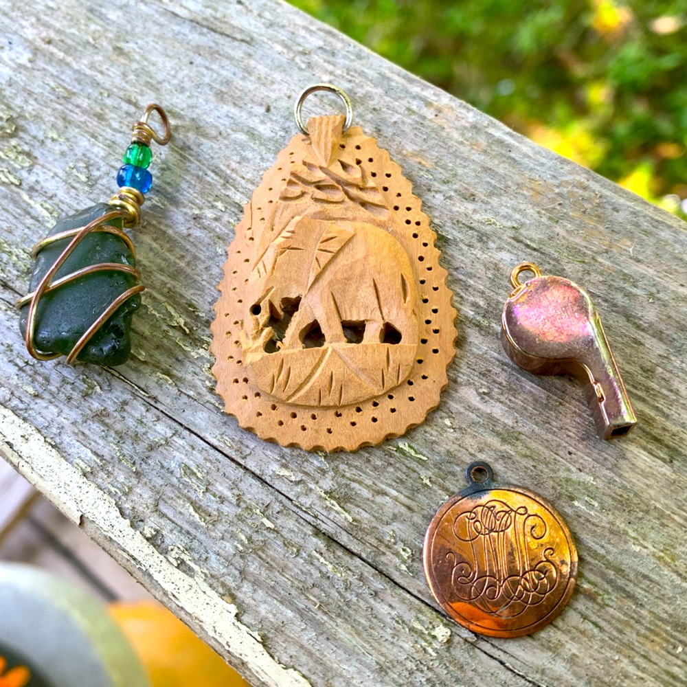 Mixed Necklace Pendant Jewelry Lot Wooden Elephant, Sea Glass, Whistle, copper